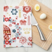 ノルディックスカンジフォークアートウッドランドレッドキツネ花 キッチンタオル (四つ折り)