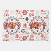 ノルディックスカンジフォークアートウッドランドレッドキツネ花 キッチンタオル (横)