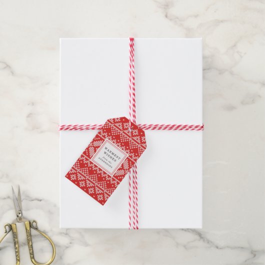ノルディックセーターパター赤と白ンホリデイ ギフトタグ (より糸付き)