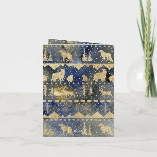 ノルディックセーター金ゴールド冬動物夕べダスク シーズンカード (裏面)