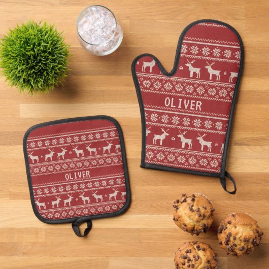 ノルディックトナカイ クリスマスパーソナライズド 鍋つかみ&鍋敷きセット (トップダウン)