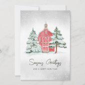 ノルディックパインの水彩画 赤い納屋 クリスマスツリー シーズンカード (正面)