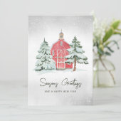 ノルディックパインの水彩画 赤い納屋 クリスマスツリー シーズンカード (スタンド正面)