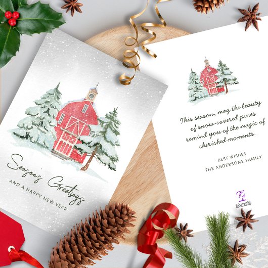 ノルディックパインの水彩画 赤い納屋 クリスマスツリー シーズンカード