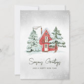 ノルディックパインフォレストの水彩画 赤い納屋 クリスマス (正面)