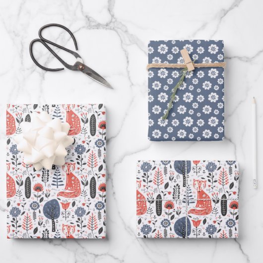 ノルディックフォークアートキツネ ラッピングペーパーシート (正面)