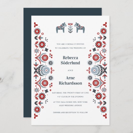 ノルディックフォークアートダラホーススカンジナビア結婚ーズ 招待状 (正面/裏面)