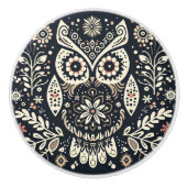 ノルディックフォークアートフクロウブラックアイボリー セラミックノブ (正面)