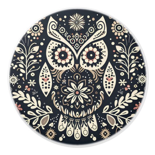 ノルディックフォークアートフクロウブラックアイボリー セラミックノブ (正面)