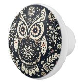 ノルディックフォークアートフクロウブラックアイボリー セラミックノブ (右)