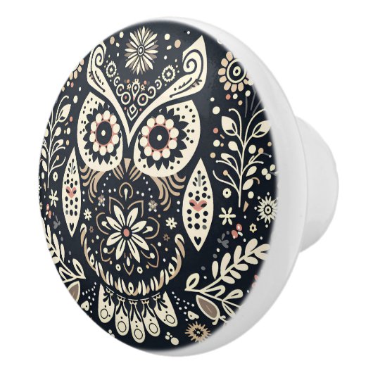 ノルディックフォークアートフクロウブラックアイボリー セラミックノブ (右)