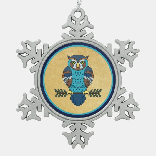 ノルディックフォークアートフクロウ スノーフレークピューターオーナメント (正面)