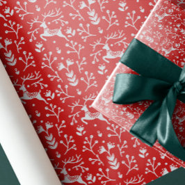 ノルディックフォークアートレッドトナカイ〔雄ジカの〕枝角とブランチ ラッピングペーパー