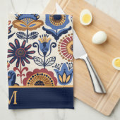 ノルディックフラワーフォークアートパターンモノグラム キッチンタオル (四つ折り)