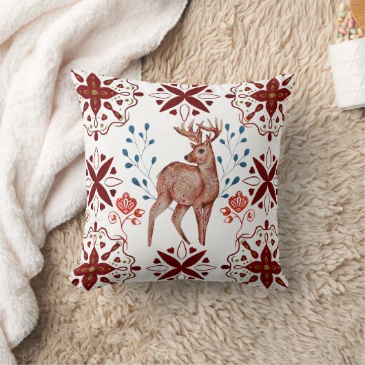 ノルディックブラウンディアーフォークアートウォーターカラー クッション (ブランケット)