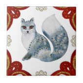 ノルディックブルーキツネウォーターカラーフォークアート タイル (正面)