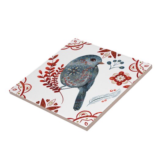 ノルディックブルーソンバードウォーターフォークアート タイル (側面)