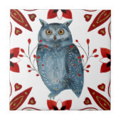 ノルディックブルーフクロウ水彩フォークアート タイル (正面)