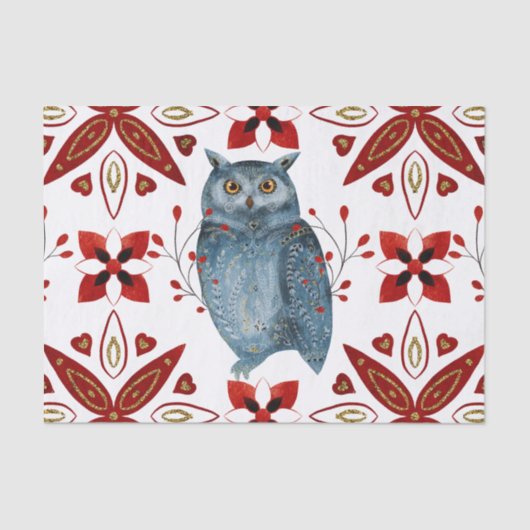 ノルディックブルーフクロウ水彩フォークアート 薄葉紙 (正面)