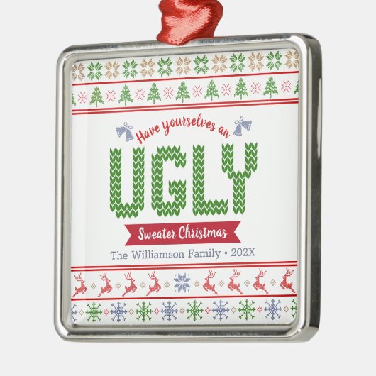 ノルディックレッドグリーンニット醜いセーターのクリスマスタッキー メタルオーナメント (左)