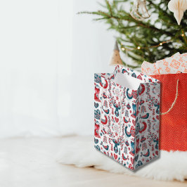 ノルディックレッドネイビークリスマススカンジナビアンフォルクアート ミディアムペーパーバッグ