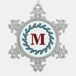 ノルディックレッドブルーヴィンテージリースモノグラム スノーフレークピューターオーナメント