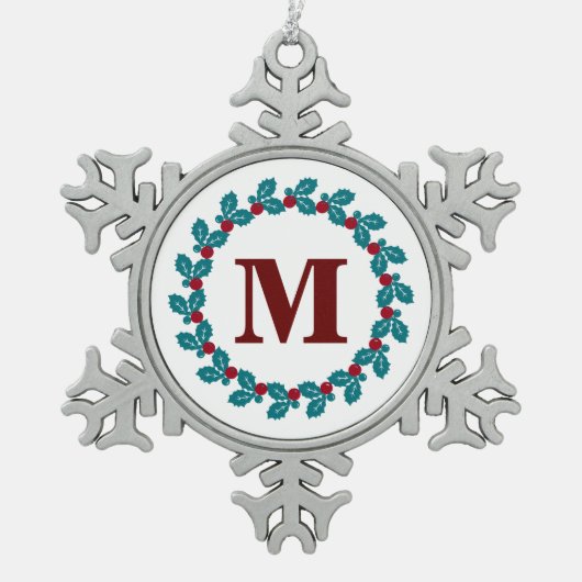 ノルディックレッドブルーヴィンテージリースモノグラム スノーフレークピューターオーナメント (正面)