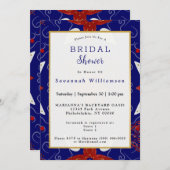 ノルディックレッドブルー金ゴールドホワイトブライダルシャワー 招待状 (正面/裏面)