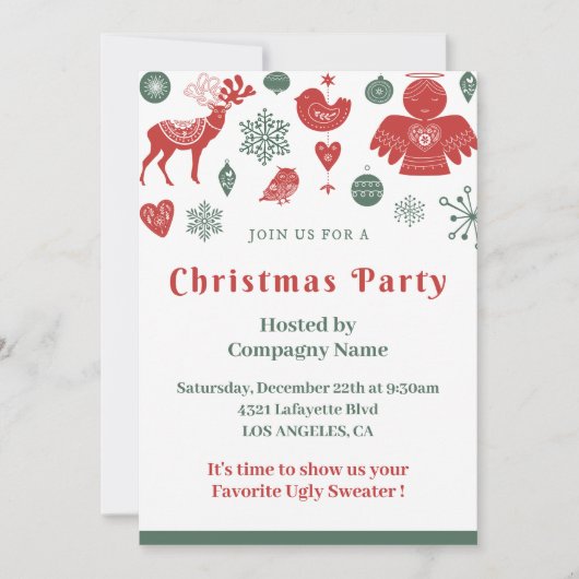ノルディック柄 グリーン おしゃれ 会社 クリスマス 招待状 (正面)