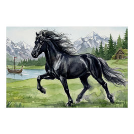 ノルディック風景のアイスランド馬、フレイディス ブラック ポスター