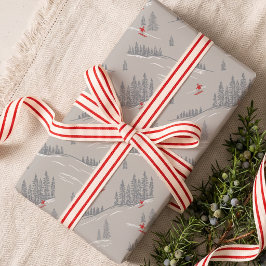 ノルディック アルプス風クリスマス 冬の森 スキーヤー ラッピングペーパー