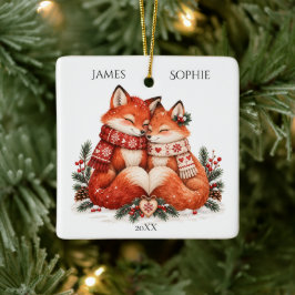 ノルディック・クリスマスの狐のカップル スカンジナビアの冬 セラミックオーナメント