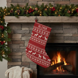 ノルディック・トナカイ・セーター柄 名前入り スモールクリスマスストッキング