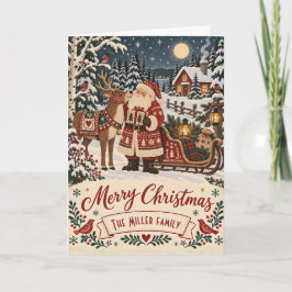 ノルディック・フォルクアートのサンタとトナカイのカスタムクリスマス カード
