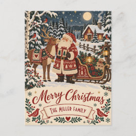 ノルディック・フォルクアートのサンタとトナカイのカスタムクリスマス シーズンポストカード