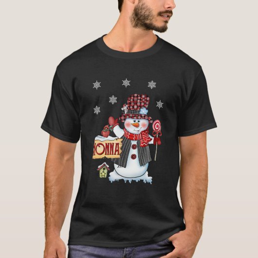 ノンナ雪だるまクリスマスキャンディーケーンレッドプレイドサンタ Tシャツ (正面)
