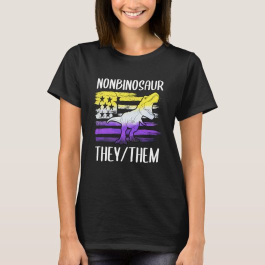 ノンバイナソー They Them ノンバイナリー代名詞 恐竜 Tシャツ (正面)