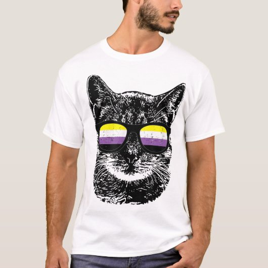 ノンバイナリゲイプライド猫LGBTサングラス Tシャツ (正面)