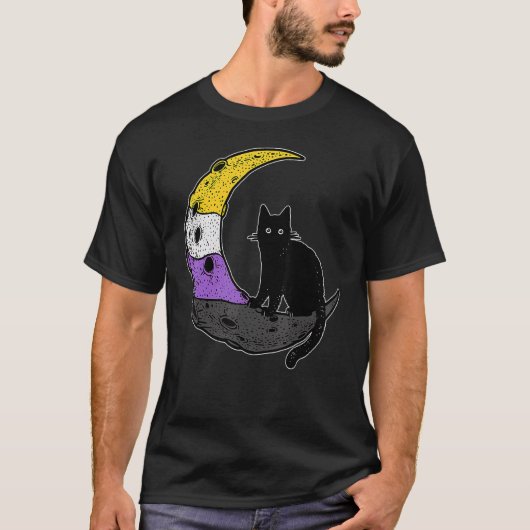 ノンバイナリーフラグ付き LGBT プライド 月 宇宙 猫 Tシャツ (正面)
