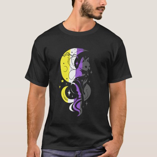 ノンバイナリー プライド 猫 月 星 LGBTQ 魔女っぽい スタイル Tシャツ (正面)