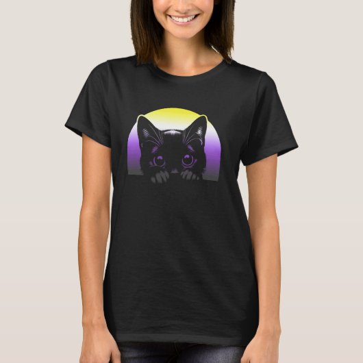 ノンバイナリー Pride 夕焼け 猫 LGBTQ+ かわいい ルック Tシャツ (正面)