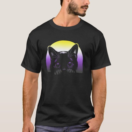 ノンバイナリー Pride 夕焼け 猫 LGBTQ+ かわいい ルック Tシャツ (正面)