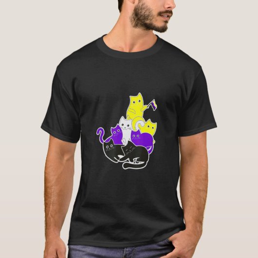 ノンバイナリー Pride 猫 LGBTQ ノンバイナリーフラッグ Pride Tシャツ (正面)
