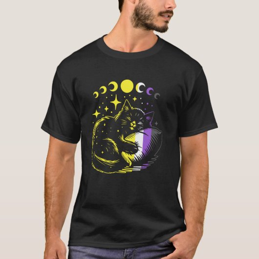 ノンバイナリー Pride 眠れるネコ 月 星 LGBTQ アート Tシャツ (正面)