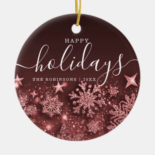 ノンフォトホリデークリスマスグリッター雪バラ金ゴールド セラミックオーナメント (正面)