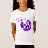ノヴァ、紫のパンジーの女かわいらしの子の名前のロゴ Tシャツ (正面)