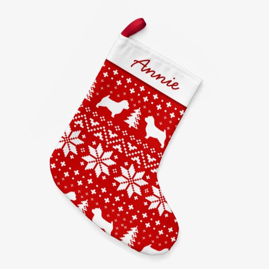 ノーウィッチテリアシルエットホリデーパターンキュート スモールクリスマスストッキング (正面 (吊り時))