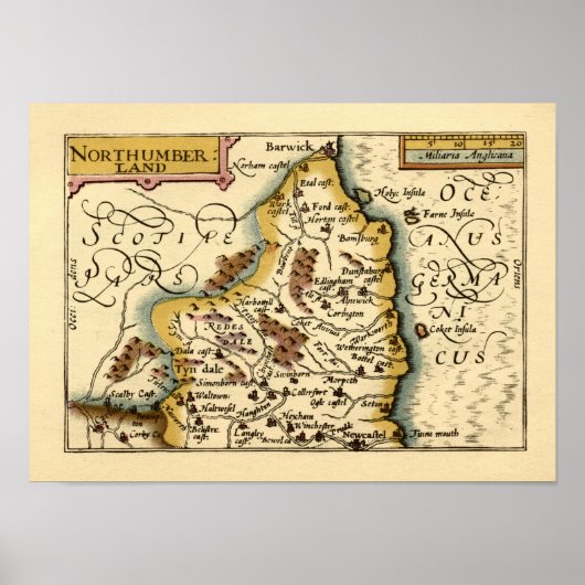 ノーサンバーランド県イングランドオールドアンティークの地図 ポスター (正面)