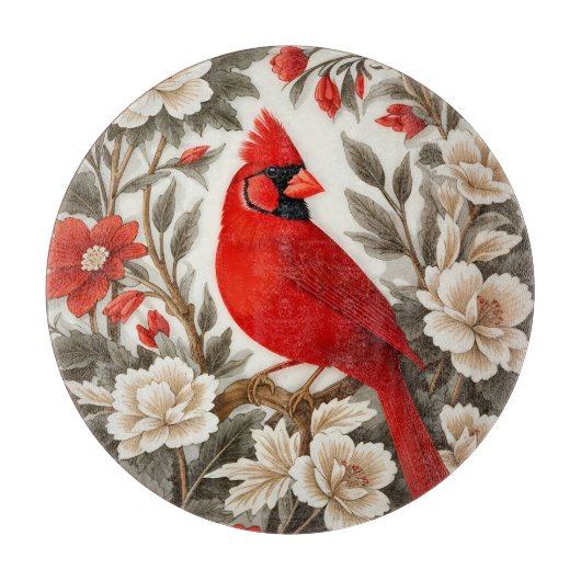 ノーザンカーディナル 鳥 美しい花柄 カッティングボード (正面)