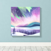 ノーザンライツカラフルウィンターナイト | 水彩画 キャンバスプリント (インサイチュ (ウッドフロア))